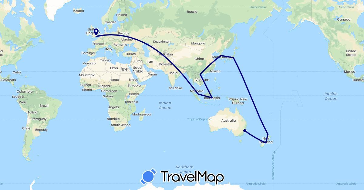 TravelMap itinerary: driving in Australia, United Kingdom, Indonesia, Japan, South Korea, New Zealand, Singapore, Vietnam (Asia, Europe, Oceania)